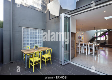 Terrace furniture with view into Burford House apartment, Malmsbury Street, , Hawthorn, Melbourne, Australia Stock Photo