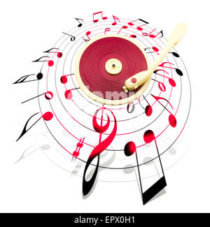 vintage red record player surrounded by musical notes Stock Photo