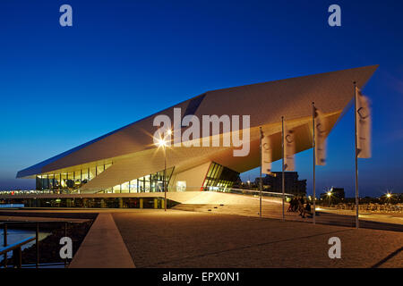 Lit exterior of Eye Film Institute, Amsterdam, Overhoeks, Netherlands, Stock Photo