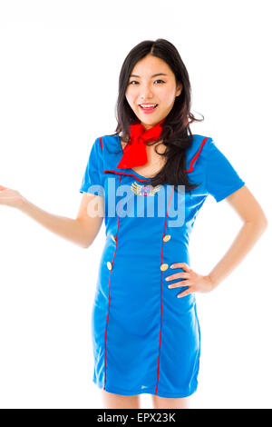 Asian happy air stewardess presenting isolated on white background Stock Photo