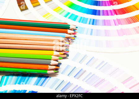 colored pencils and color chart of all colors Stock Photo