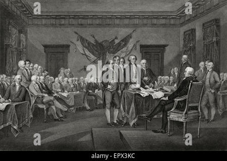 Antique c1850 steel engraving, Declaration of Independence July 4, 1776, after John Trumbull's famous painting. Depicts the drafting committee presenting its work to the Congress. Stock Photo