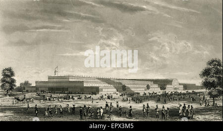 Antique c1851 steel engraving of The Crystal Palace for the Grand International Exhibition of 1851 in Hyde Park, London. The Crystal Palace was a cast-iron and plate-glass building originally erected in Hyde Park, London, England, to house the Great Exhibition of 1851. More than 14,000 exhibitors from around the world gathered in the Palace's 990,000 square feet (92,000 m2) of exhibition space to display examples of the latest technology developed in the Industrial Revolution. Stock Photo