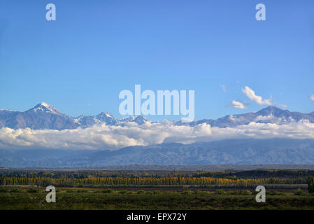 Argentina, Mendoza, View of Andes Mountains across Uco Valley Stock Photo