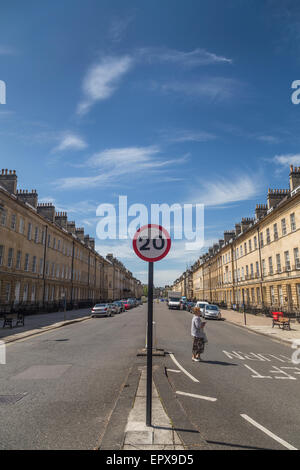 A twenty (20 MPH) Mile Per Hour Speed restriction sign post central in the road on Great Pultney Street, Bath City, UK Stock Photo