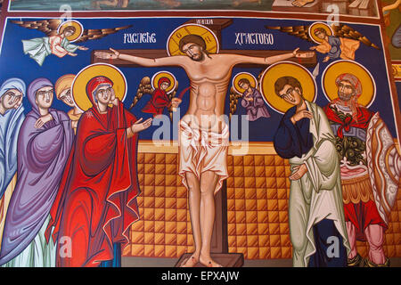 Jesus Christ crucifixion fresco in a Serbian monastery Stock Photo