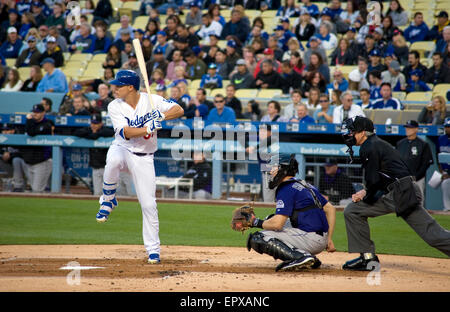 Los Angeles Dodger player Joc Pederson with leg kick in preparation of the pitch in the batters box at Dodger Stadium. Stock Photo