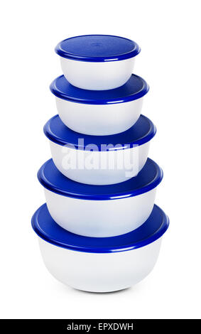 Blue food containers on a white background Stock Photo