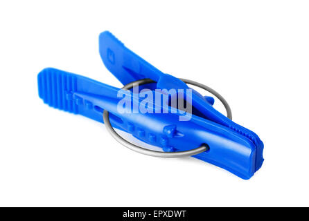 Blue clothespin on a white background Stock Photo