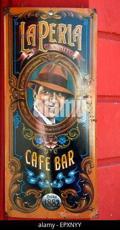 Poster outside La Perla cafe with insert of Carlos Gardel Caminito La Boca Buenos Aires Argentina Stock Photo