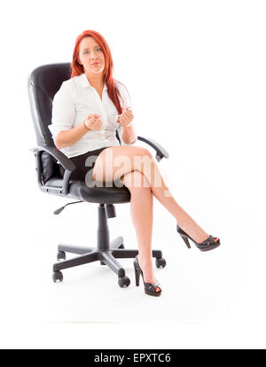 Model in studio isolated on plain grey background Stock Photo