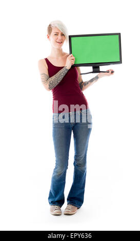 Model in studio isolated on plain grey background Stock Photo