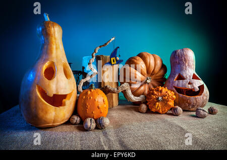 Carved pumpkins, old book, nuts and witch hat from felt on the branch at Halloween party Stock Photo