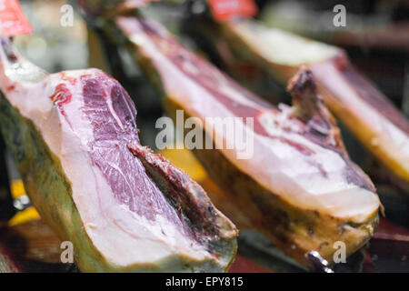 Fresh ham selling at butcher's shop, Barcelona, Catalonia, Spaincolor image, canon 5DmkII Stock Photo