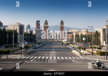 Road leading towards venetian towers against clear sky, Barcelona, Catalonia, Spaincolor image, canon 5DmkII Stock Photo