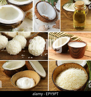 collage of fresh organic coconut and its products (oil, chips, cream) Stock Photo