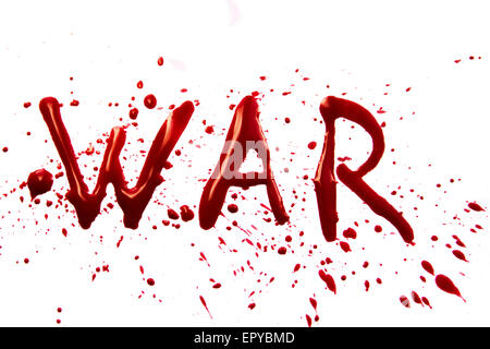 Bloody word War with splatters, droplets, stains isolated on white background Stock Photo