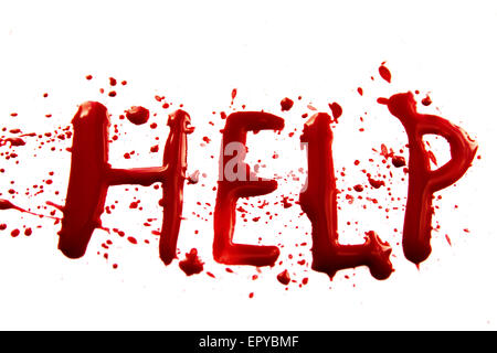 Bloody word Help with splatters, droplets, stains isolated on white background Stock Photo