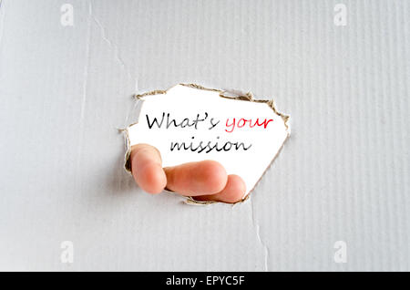 Hand and text on the cardboard background What's your mission concept Stock Photo