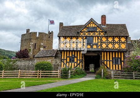 Timber framed gatehouse and stone South Tower at Stokesay Castle in Shropshire maintained by English Heritage