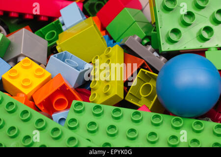 Tambov, Russian Federation - February 20, 2015 Heap of Lego Duplo Blocks and toys. Studio shot. Stock Photo