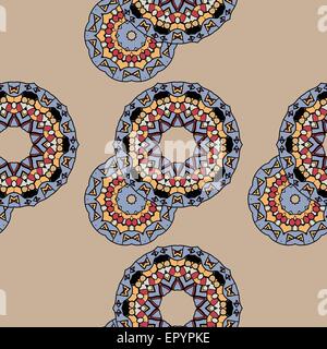 Endless ornate pattern made of indian mandalas over brown background, copyspace in the corner Stock Vector
