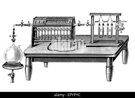 Vintage chemistry engraving, the first decomposition of water into hydrogen and oxygen, by electrolysis, was done in 1800 by English chemist William Nicholson. In 1805, Joseph Louis Gay-Lussac and Alexander von Humboldt showed that water is composed of two parts hydrogen and one part oxygen. Stock Photo