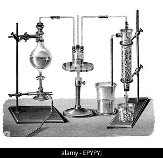 Vintage chemistry lab equipment for sulfur dioxide production. The gas is condensed to liquid form through a mixture of ice and salt. Sulfur dioxide was used by the Romans in winemaking when they discovered that burning sulfur candles inside empty wine vessels kept them fresh and free from vinegar smell. Stock Photo