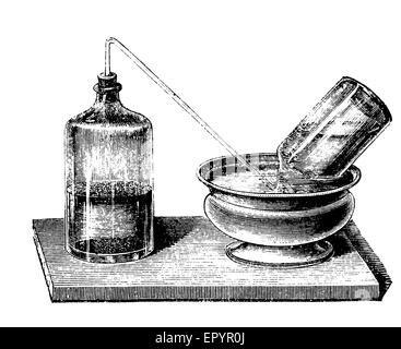 Vintage chemistry engraving, device to collect the carbon dioxyde resulting from the fermentation of a 12.5% honey solution in water Stock Photo