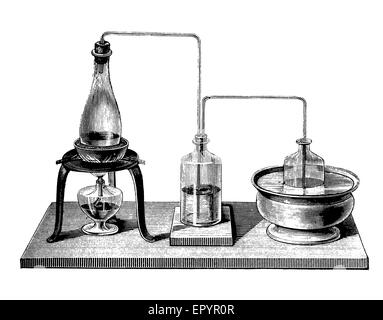 Vintage chemistry equipment, device to perform a double distillation (rectification) by inserting between kettle and condenser an 'opodeldoc flask' to feed back in the kettle part of the first distillation product Stock Photo