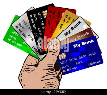 A hand holding a collection of credit and debit cards over a white background Stock Photo