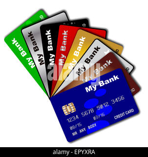 A collection of credit and debit cards fanned out over a white background Stock Photo