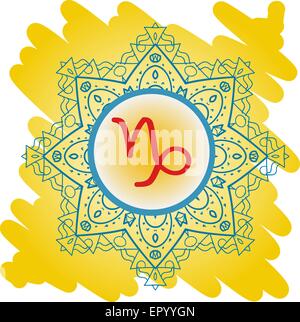 zodiac sign What is karma Vector circle with zodiac signs on ornate wallpaper. Oriental mandala motif square lase pattern, like snowflake or mehndi paint. Watercolor elements on background Stock Vector