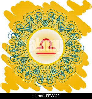 zodiac sign What is karma Vector circle with zodiac signs on ornate wallpaper. Oriental mandala motif square lase pattern, like snowflake or mehndi paint. Watercolor elements on background Stock Vector