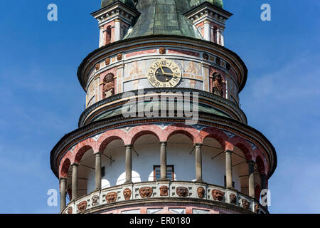 Renaissance Round Tower Painted Facade Lookout Balustrade Cesky Krumlov Castle Cesky Krumlov Czech Republic Europe Stock Photo