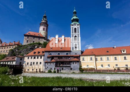 Cesky Krumlov Castle Czech Republic Europe Tourism Renaissance Round Tower and Baroque St Jost Church Landmark Architecture Historic Town Stock Photo