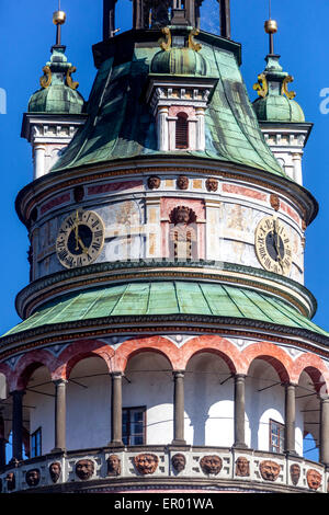 Cesky Krumlov Castle Renaissance tower facade Stock Photo