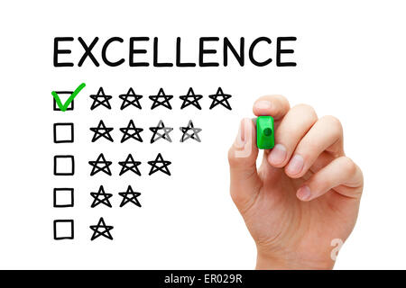 Hand putting check mark with green marker on Excellence five star rating. Stock Photo