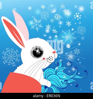 graphic funny rabbit winter on a blue background with snowflakes Stock Vector