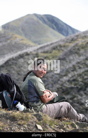 Bushwalker in front of Mt Feathertop (1922 m.) Victoria, Australia. Stock Photo