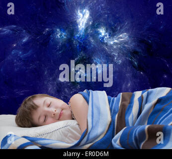 Sleeping teenage girl on blue abstract background Stock Photo