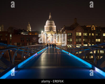 St Paul's Cathedral at the end of the Millennium bridge night view Stock Photo