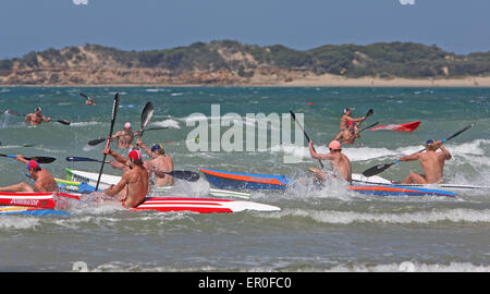 Surf ski race during a lifesaver carnival. Surf coast, Victoria, Australia. Stock Photo