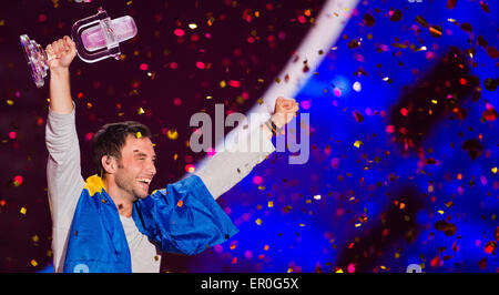 Vienna, Austria. 23rd May, 2015. Mans Zelmerlow representing Sweden celebrates his victory at the Grand Final of the 60th Eurovision Song Contest 2015 in Vienna, Austria, 23 May 2015. Photo: Julian Stratenschulte/dpa/Alamy Live News Stock Photo