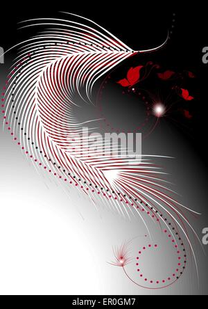 Waves white and red feathers with a decor of butterflies Stock Vector