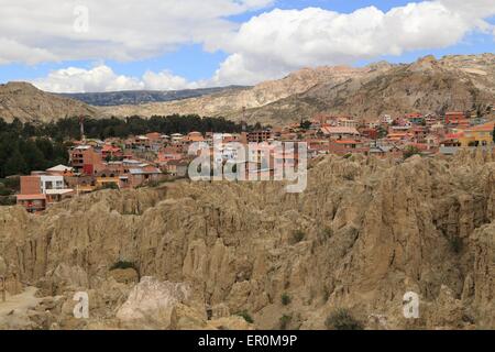 Houses above Moon Valley (Valle de la Luna) near La Paz in Bolivia, South America Stock Photo