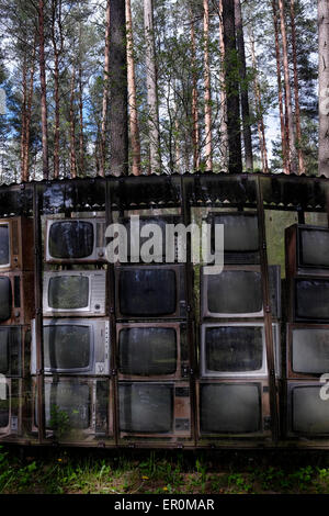 The worlds’ largest artwork made of about 3000 TV sets and spans an area of 3,135 square meters created by Lithuanian artist Gintaras Karosas in the open air museum Europos Parkas or Europe Park near the city of Vilnius capital of Lithuania Stock Photo