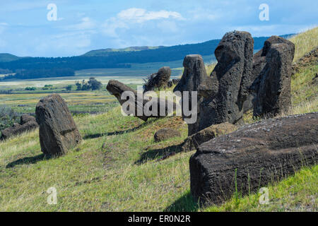 Moais in Rano Raraku, Rapa Nui National Park, Easter Island, Chile, Unesco World Heritage Stock Photo