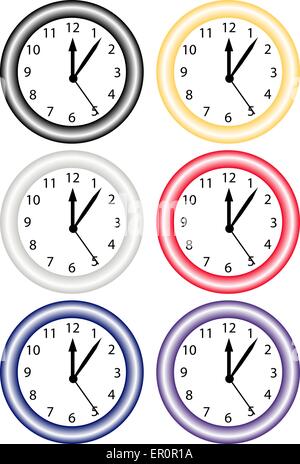 Set of Six Neon Clocks Stock Vector