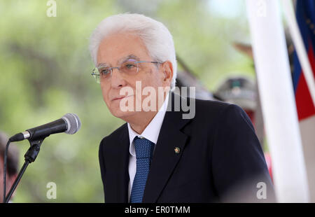 Gorizia, Italy. 24th May, 2015. Italian President Sergio Mattarella speaking during the visit in the Area Sacra of Monte San Michele at 100th anniversary of Italy's entry into World War on 24 Sunday May 2015 in Sagrado (Go). Credit:  Andrea Spinelli/Alamy Live News Stock Photo